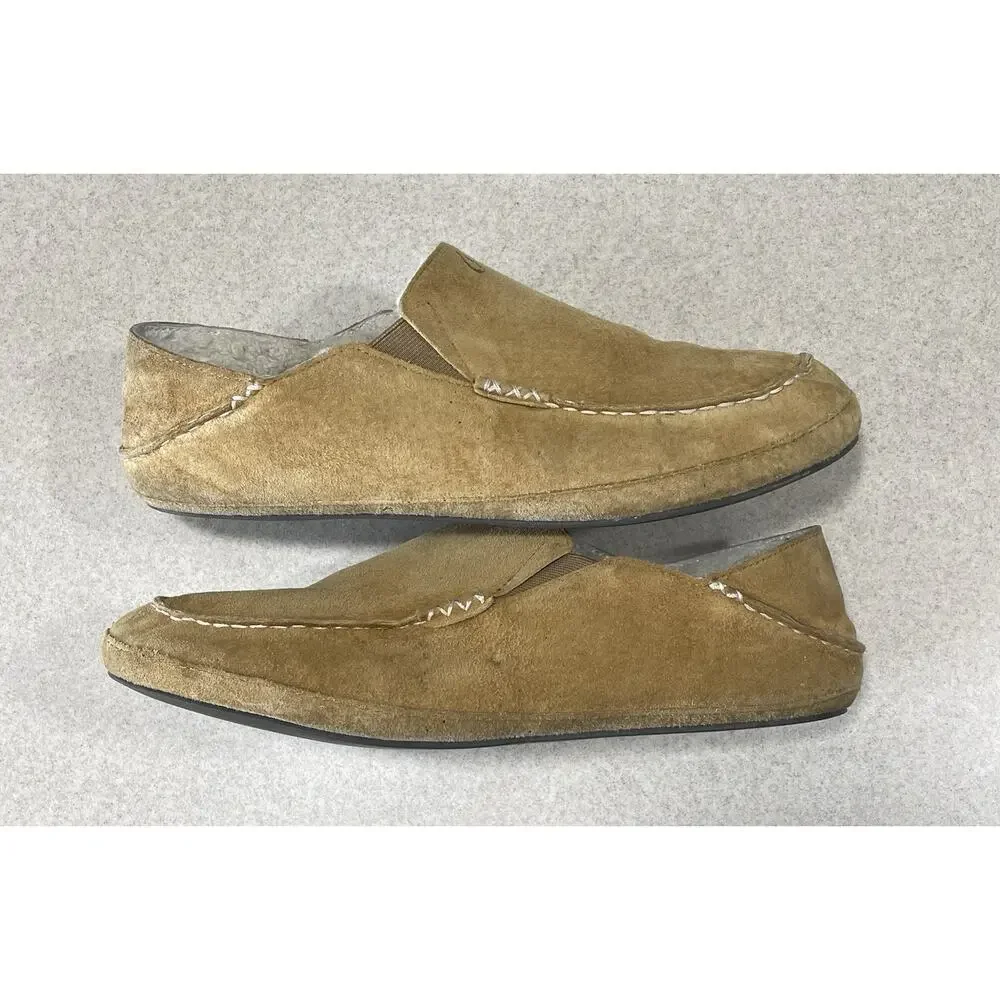 Olukai Moloa Slipper Men's Size 12 Beige Leather, Sheep Fur Lining, Drop In Heel